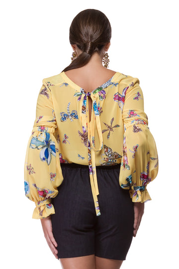 Yellow chiffon blouse with butterfly print WBL-0001